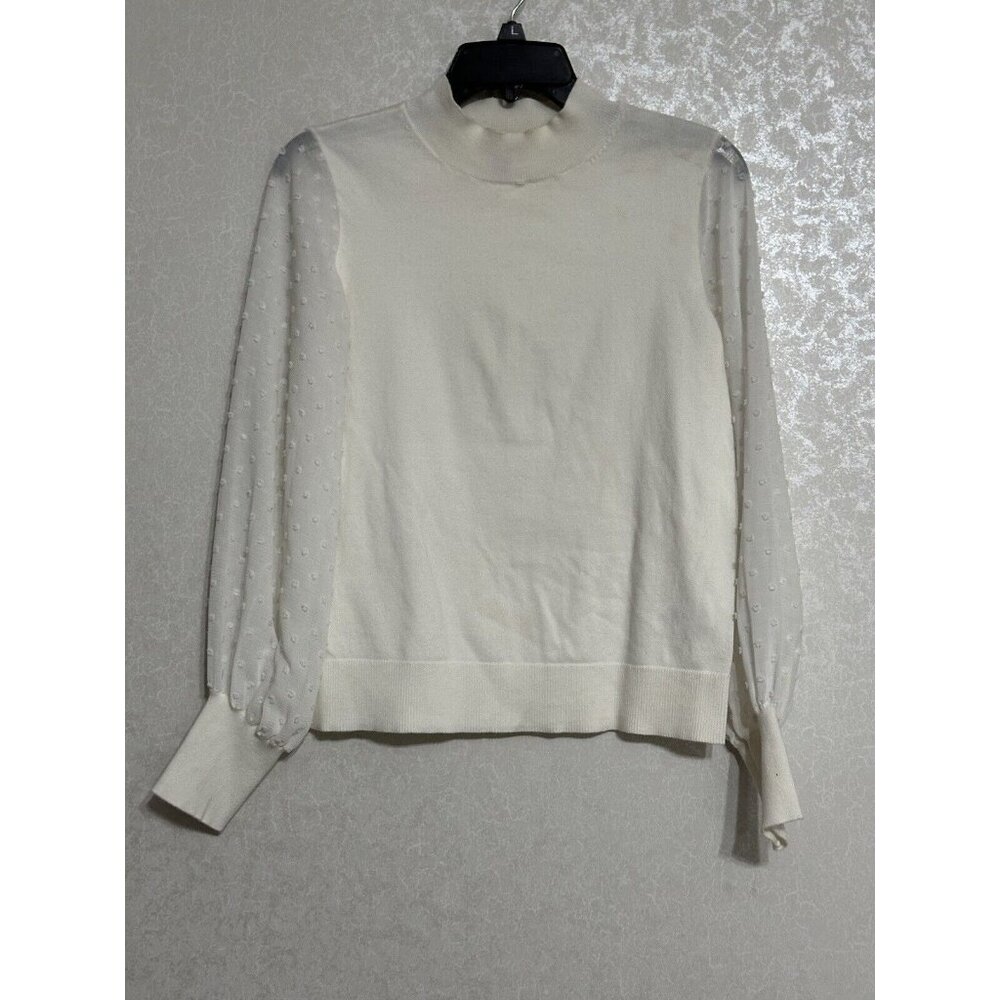Vince Camuto Sweater White Sheer Swiss Dot Mesh Sleeve Mock Neck Romantic S